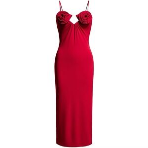 Elegant Red Magda Butrym x H&M Spaghetti Strap Rose Appliqué Slip Dress